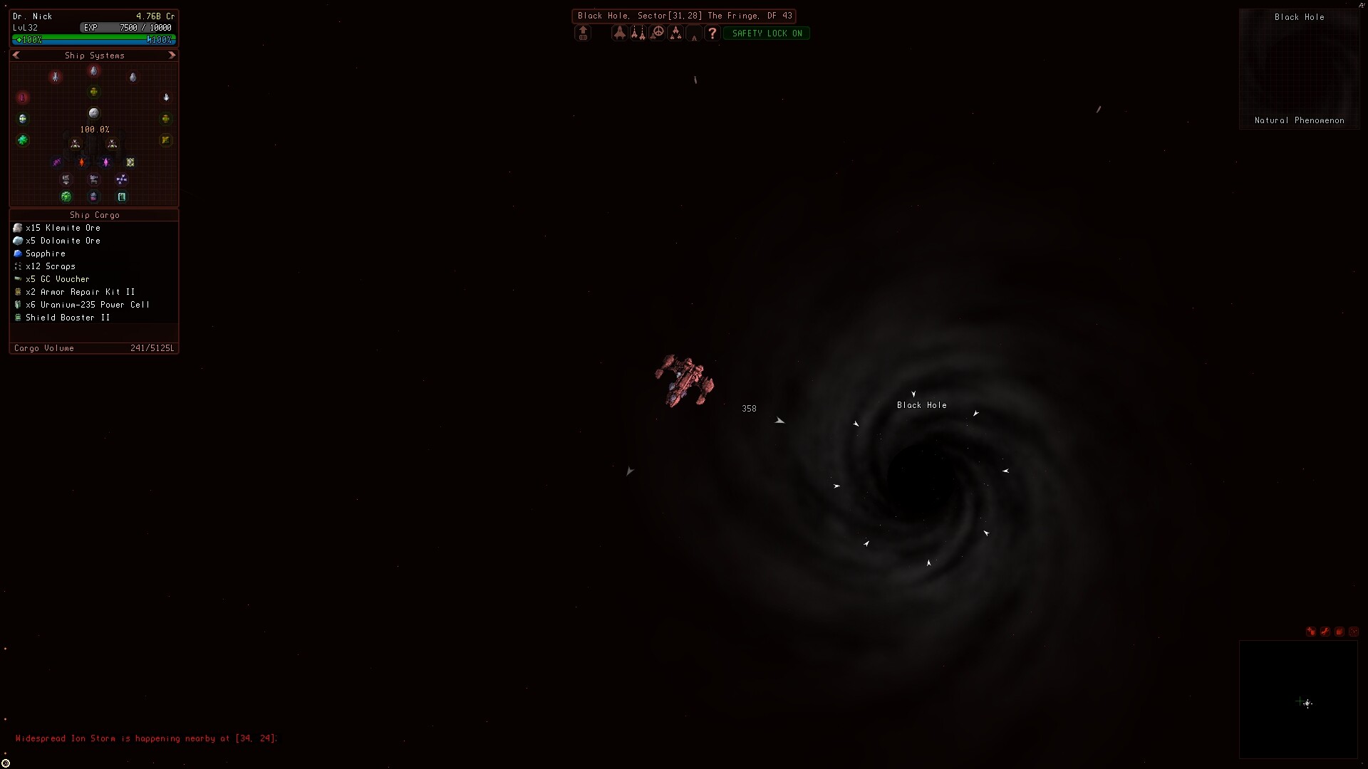 Sector Space screenshot: player ship approaching a Black Hole in the Black Hole Sector.