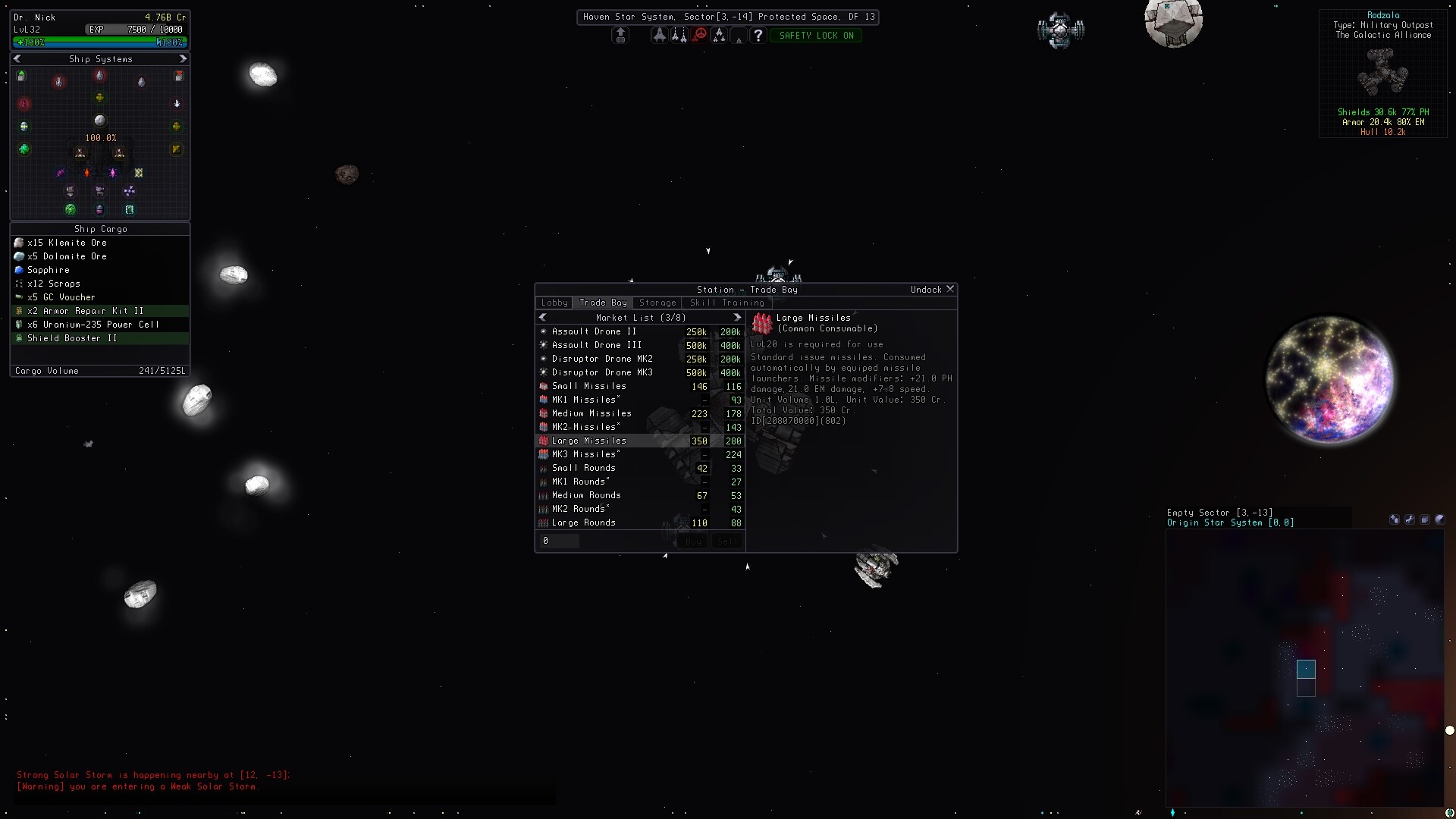 Sector Space screenshot: Trade Bay Storage panel showing market prices at a Haven Star System station.