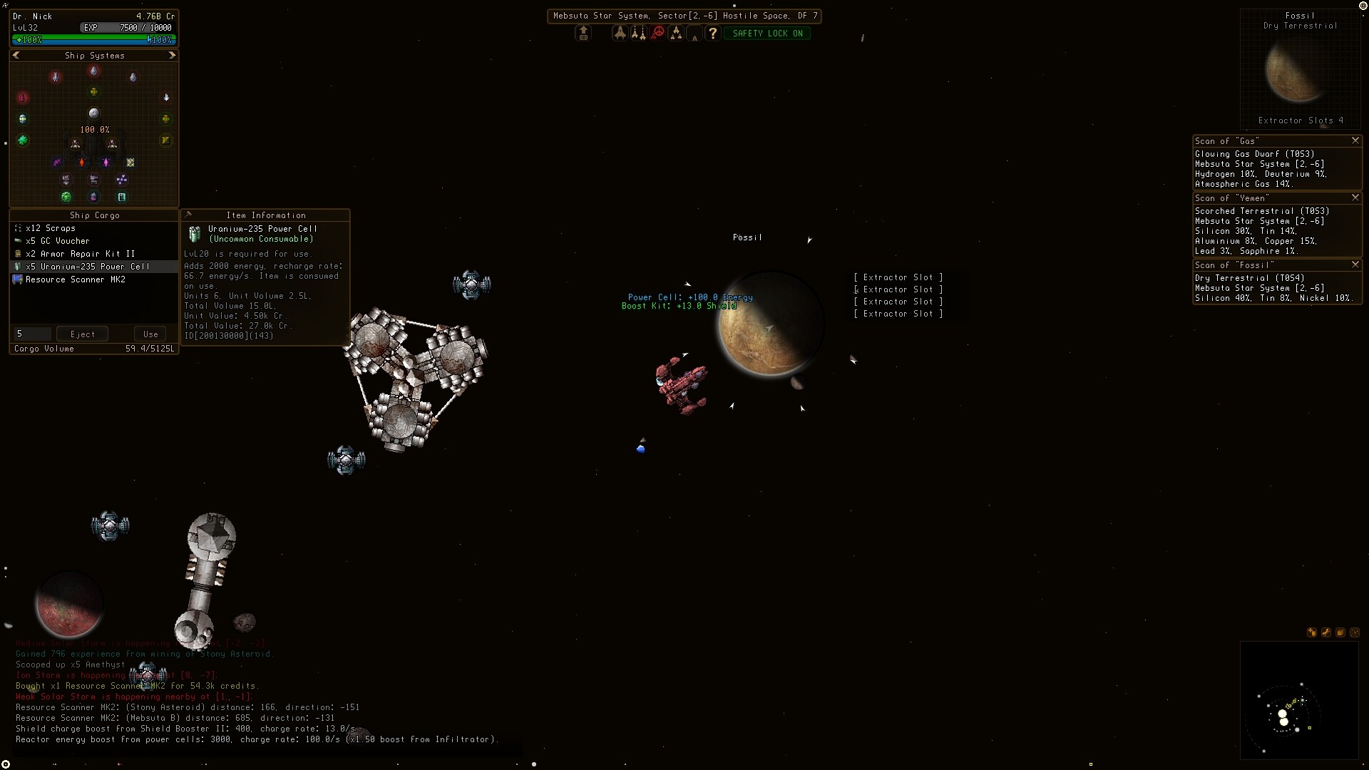 Sector Space screenshot: Fossil planet with extractor slots and player-owned station modules deployed nearby.