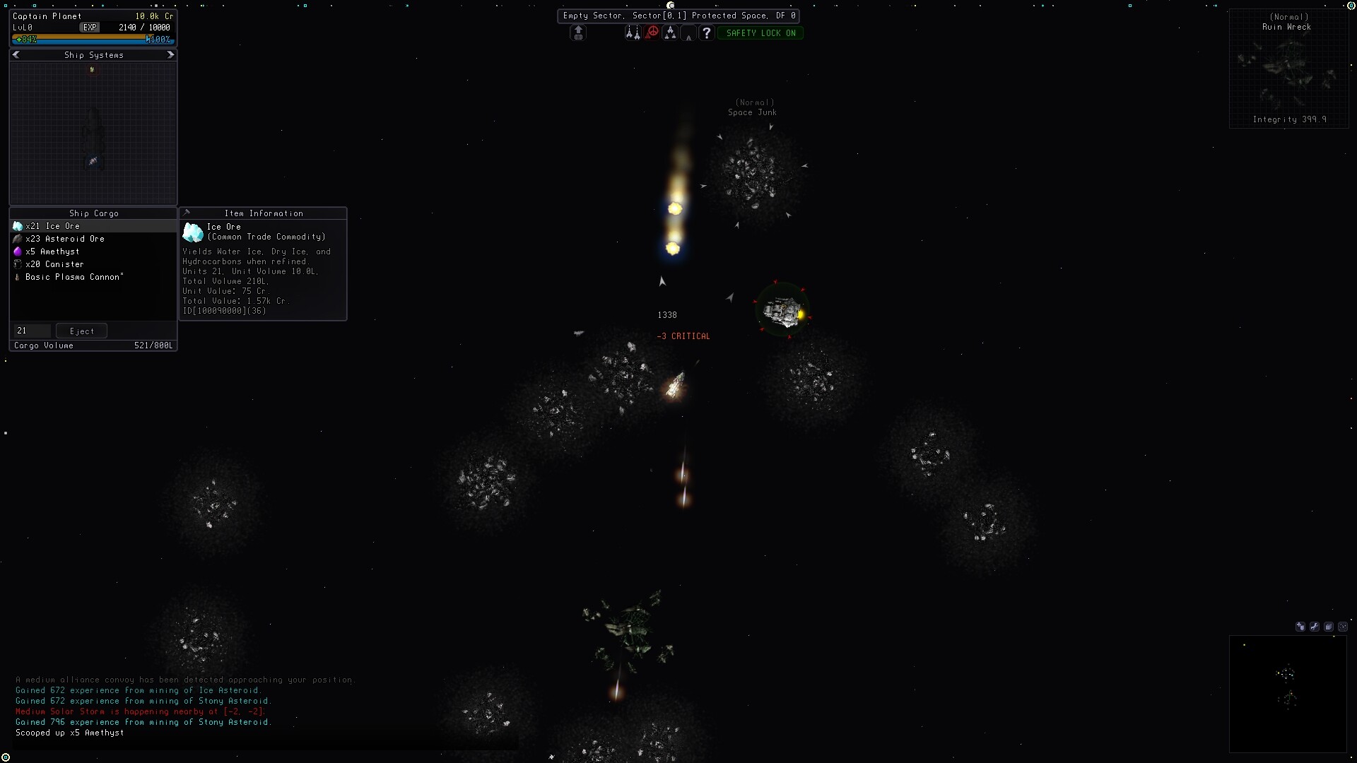 Sector Space screenshot: ship firing a mining beam into a cluster of asteroids in an Empty Sector.