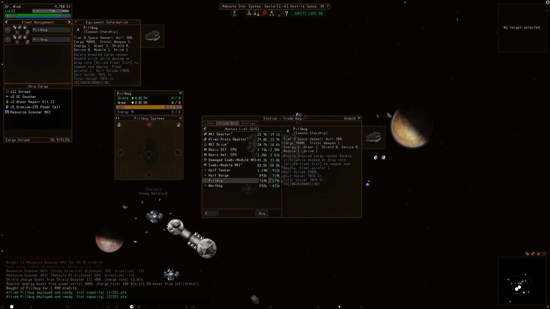 Sector Space screenshot: Fleet Management window with two Pillbug hulls and Trade Bay Storage equipment panel.